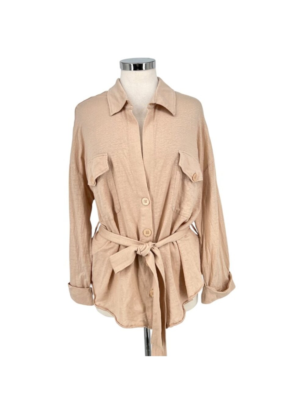 Majestic Filatures Deluxe Teeshirt Beige Linen-Blend Belted Shirt Size 2 Small